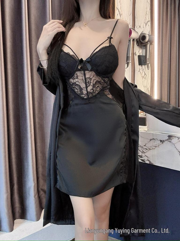 Women's Sexy Lace Nightgown & Robe Set with Spaghetti Straps and Bra Pads
