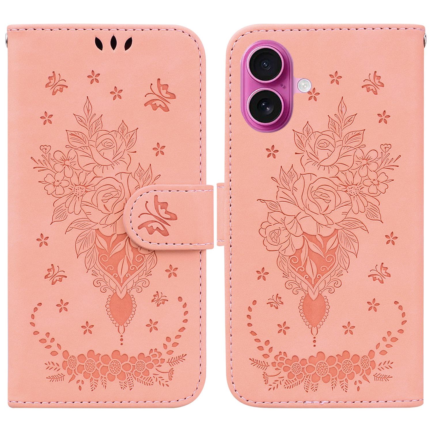 

For iPhone 17 Case PU Leather Wallet Phone Cover Butterfly Flower Imprint with Strap Pink