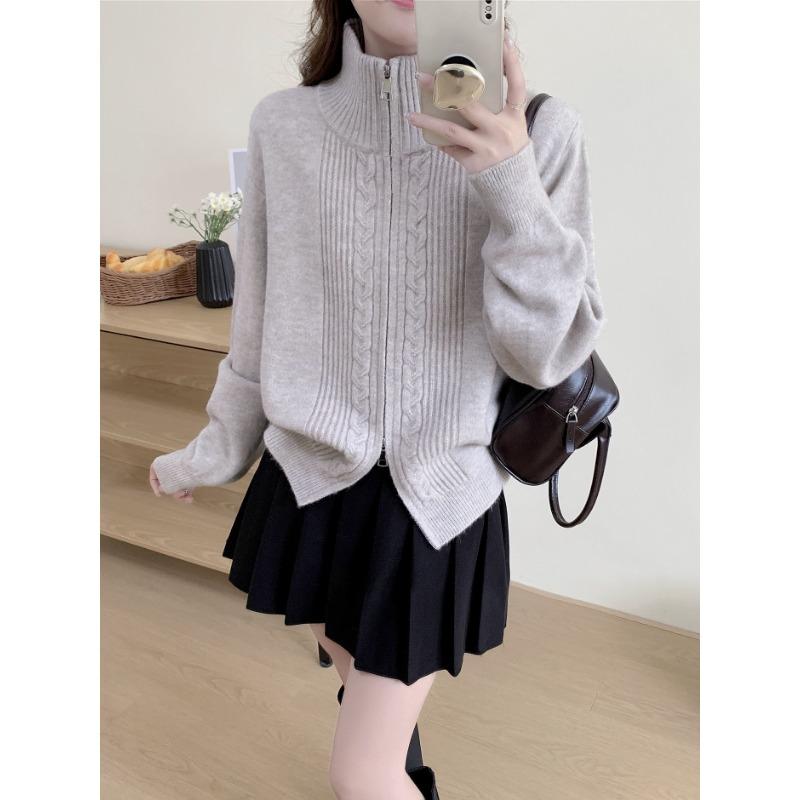 

Осенний женский кардиган-свитер на двойной молнии, женская вязаная куртка, новинка осени и зимы, высококлассный ленивый стиль average size светло-серый