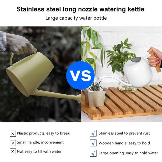 Flower Watering Can 1200ML Stainless Steel Long Spout Large Capacity Wooden Plant Handle Modern Indoor Outdoor Plants Flowers Pot Gardening Supplies
