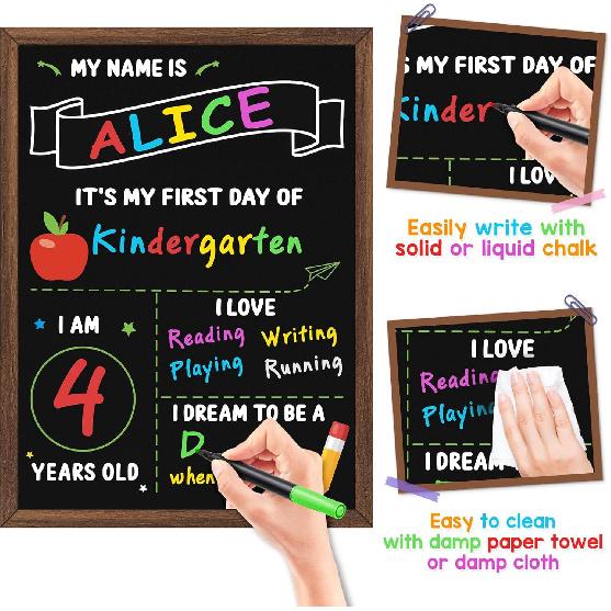 First & Last Day of School Board, 14 X 10.5 Inch Double Sided Back To School Chalkboard with Frame, Reble Wooden 1st Day of Preschool/Kindergarten