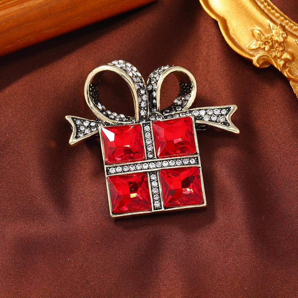 Retro Christmas Glass Rhinestone Brooch Gift Box - Fashion Holiday Pin for Coats and Suits