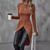 Women's Crew Neck Long Sleeve Tight Long Tunic Top Slim Fit Wrap Front High Slit Long Blouse