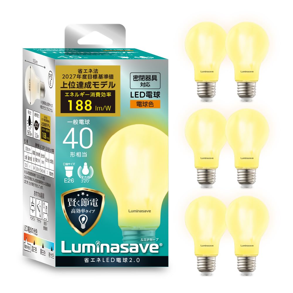 

Doshisha Lumina Save LED Bulbs, 40W Equivalent, Warm White, E26, Set of 6, Compatible with Sealed Fixtures, 320° Omnidirectional Brightness, 563lm