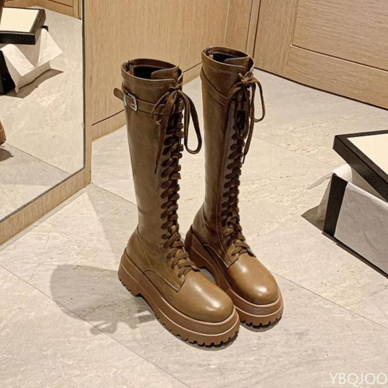 Long tube boots for women in autumn winter new thick soled height  lace up high tube simple comfortable non slip women's boots