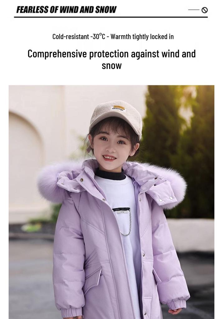 2024 Mid-Length Girls' Thick White Duck Down Jacket - Korean Style Warm Winter Outerwear