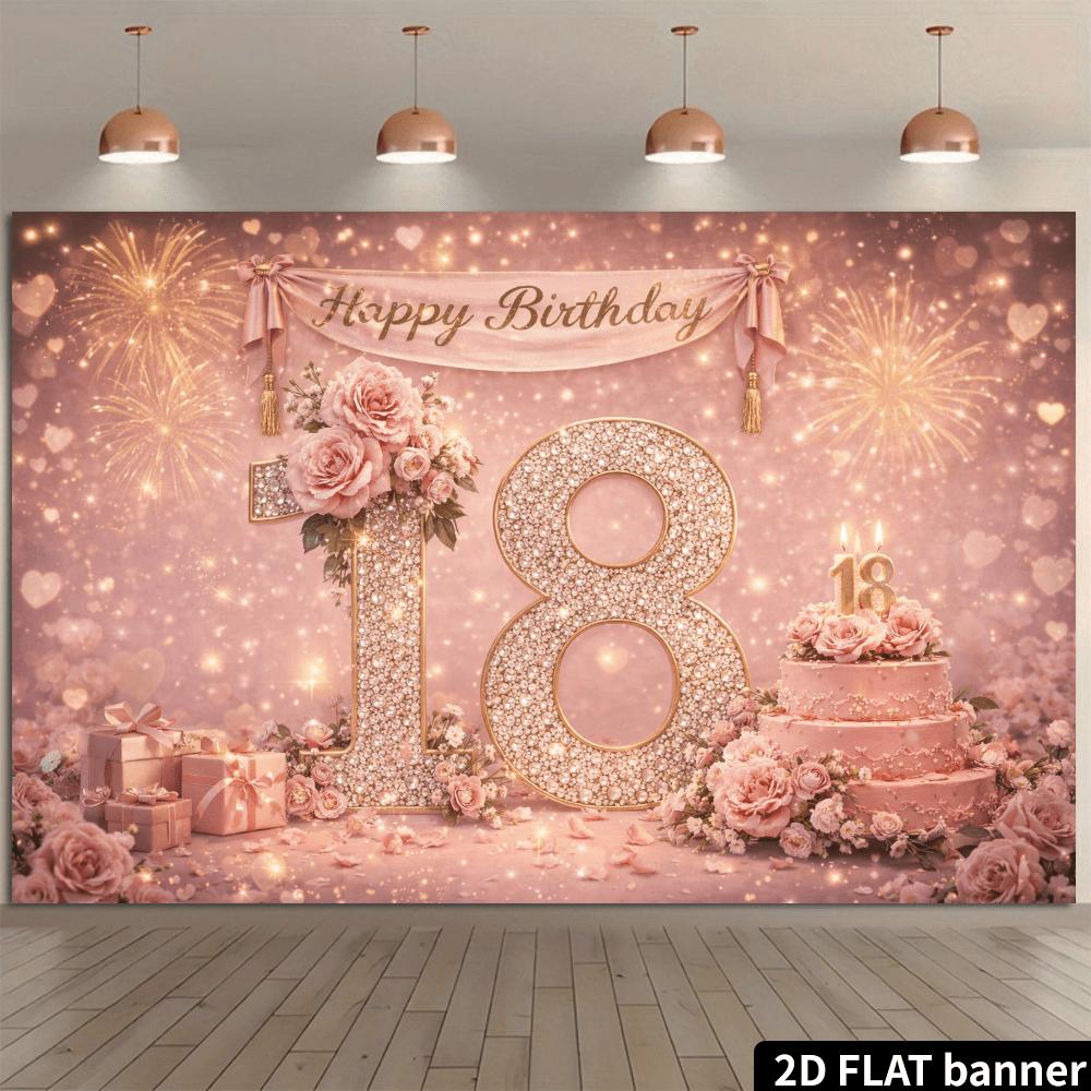 2D Flat Colored Fireworks 18th Birthday Backdrop Cloth with Diamond-encrusted Numbers 18 and Fireworks Cake Elements Yzb