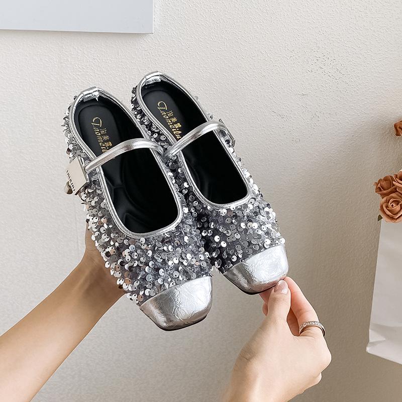 

French premium silver sequined bag head half slippers women s Korean version temperament Mary Jane single shoes summer flat bottom large size women s 43 срібний