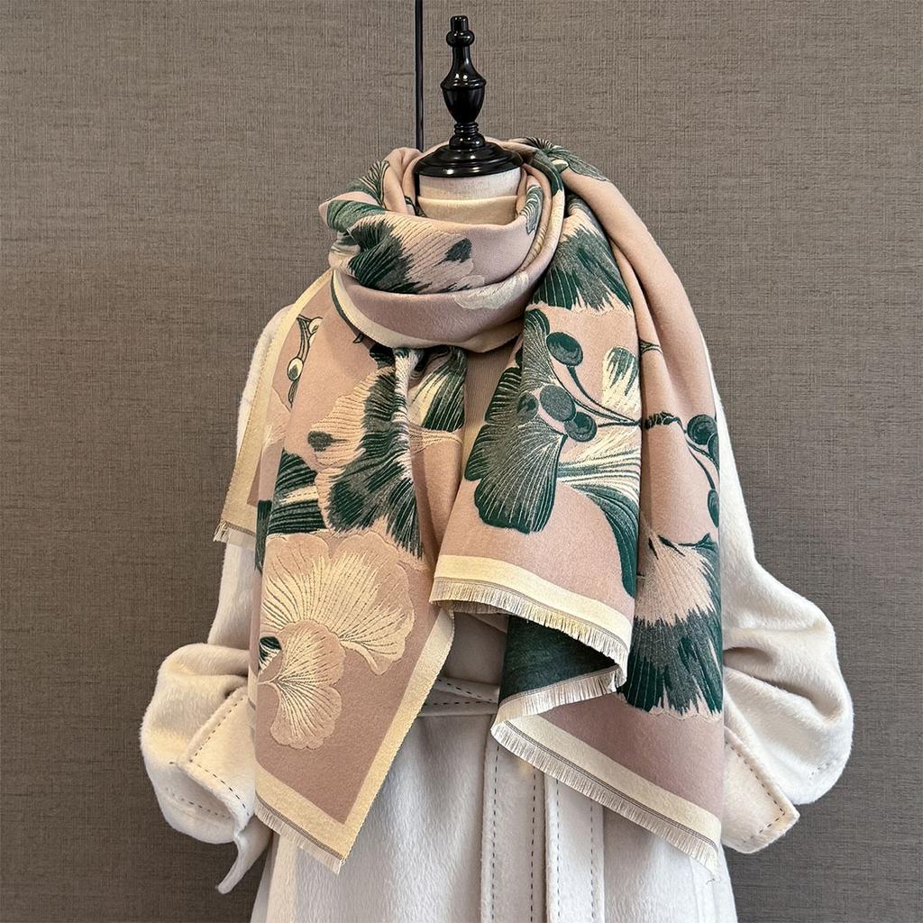 Autumn and Winter New Ginkgo Biloba Jacquard Imitation Cashmere Scarf Women's Thickened Warm Neck Protection with Dual-purpose Scarf