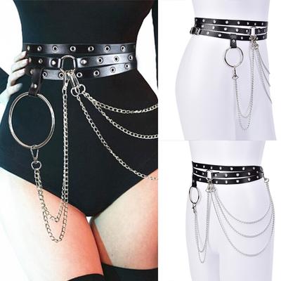 Punk Frauen Faux Leder Harness Strumpfband Gurt Bund Bindung Kette Schwarz