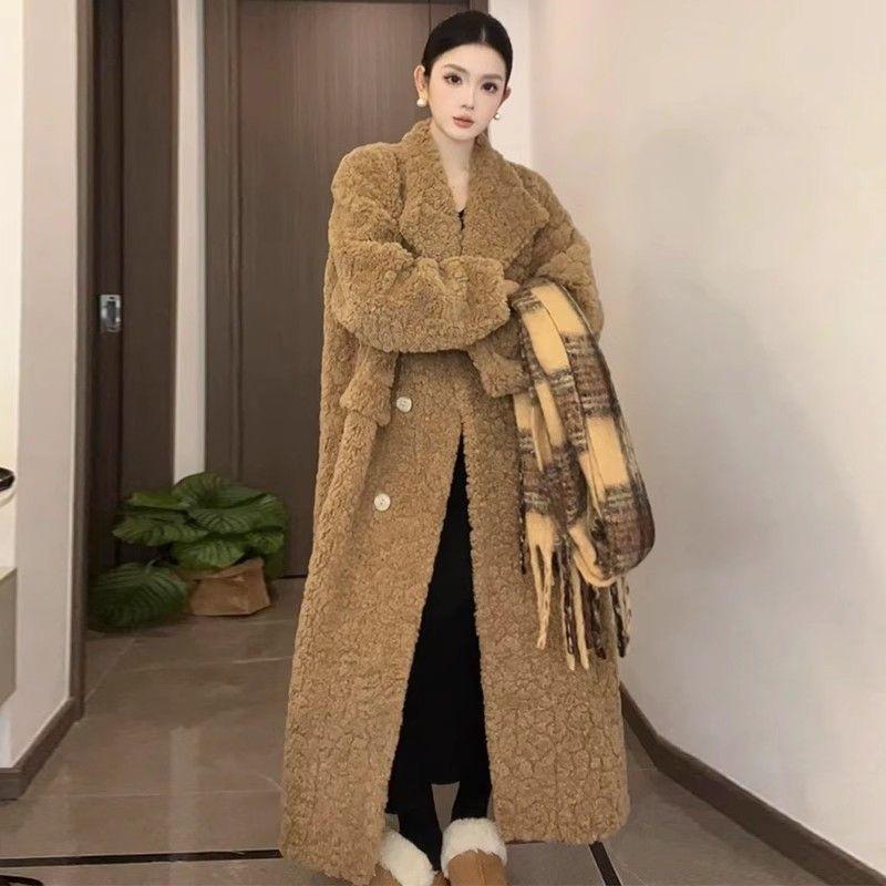 Winter New Suit Collar Lamb Wool Coat Women's Thickened Fur Integrated Long Fur Loose Coat Over the Knee