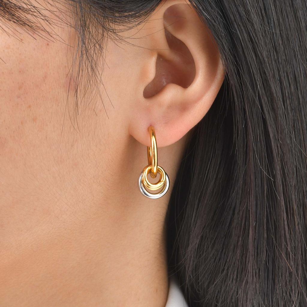 Two Tone Hoop Earrings for Women, Stainless Steel Gold-Silver Color Small Circle Square Huggie Hoop Earrings Trendy Jewelry