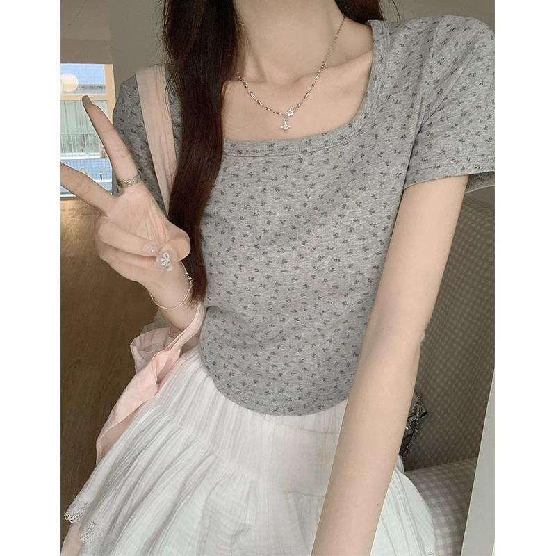 bm pure desire floral summer short-sleeved T-shirt generous collar hem curved slim and thin daily versatile short top
