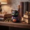Cat Figurine with Jack-O'-Lantern Playful Pumpkin Decoration Gothic for Desks