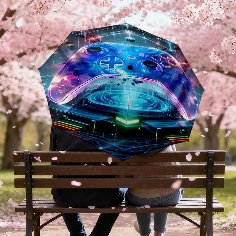 1pc Neon Gaming Controller Pattern Umbrella Design Automatic Opening and Closing Umbrella, High-quality Travel Umbrella, c1128023