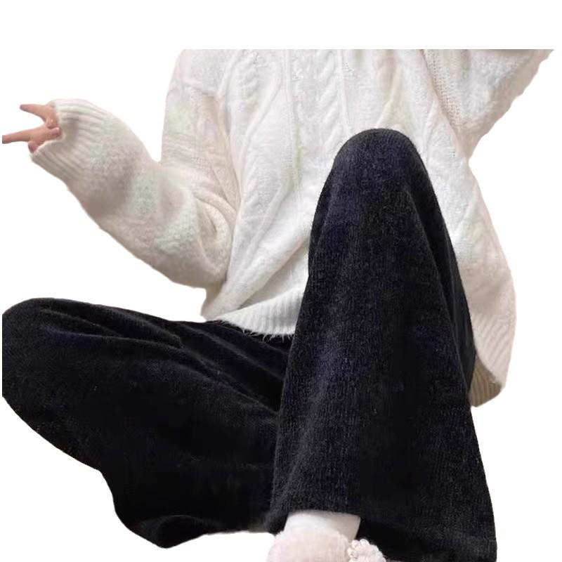 Women's High Waist Wide Leg Velvet Pants - 145cm Length, Petite Autumn/Winter, Fleece Lined, Loose Fit, Thickened Straight Leg