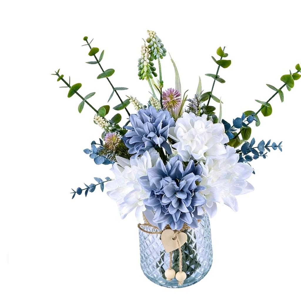 Artificial Flowers with Glass Vase Anti Wilting Anti Fading Realistic Faux Roses for Home Living Room Decor White Blue
