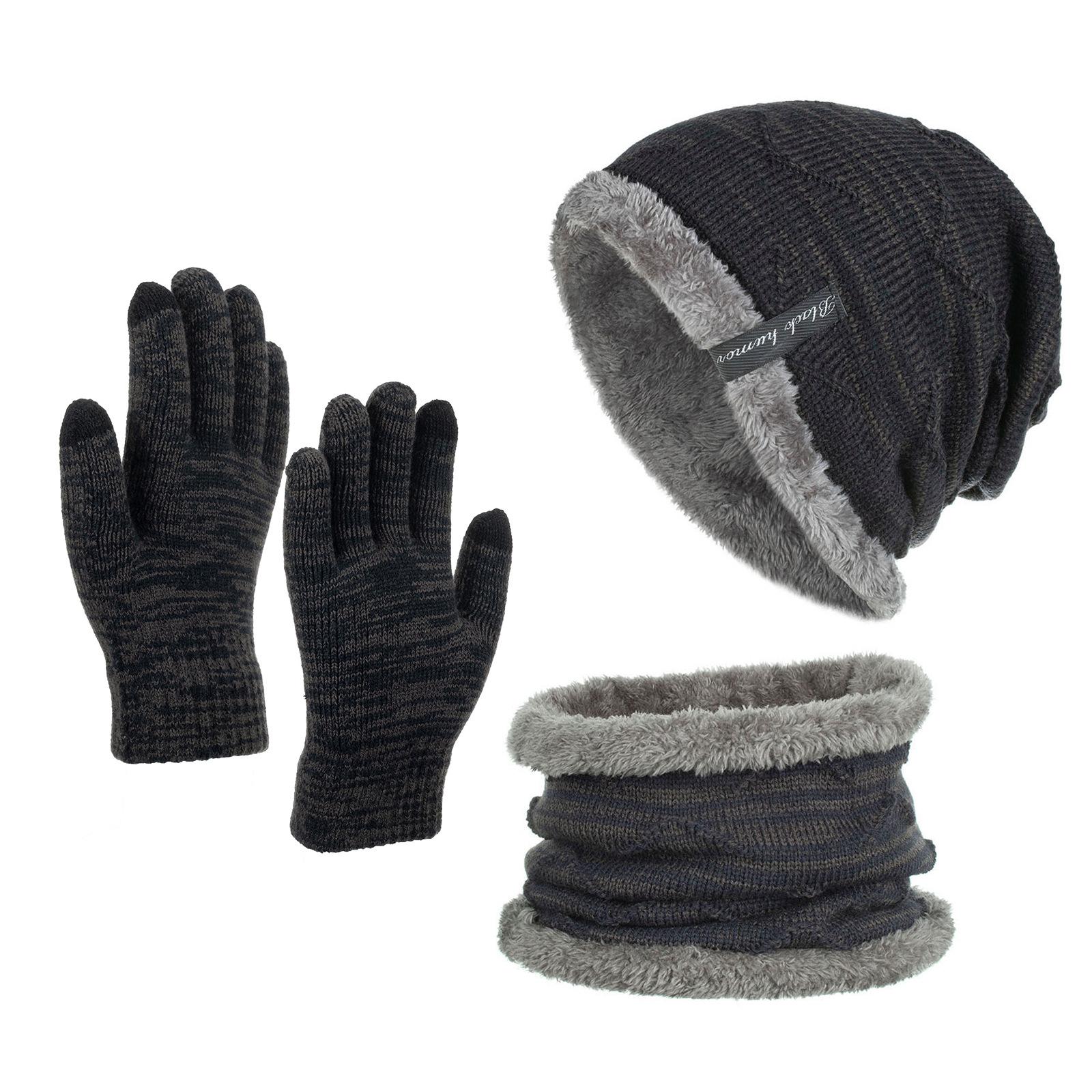 

Korean version of winter velvet warm men s diagonal hook knitted hat scarf gloves three-piece set - темно-синього кольору