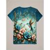 Plus Size Casual T-shirt, Women's Plus Colorful Butterfly Print Short Sleeve V Neck Medium Stretch Top