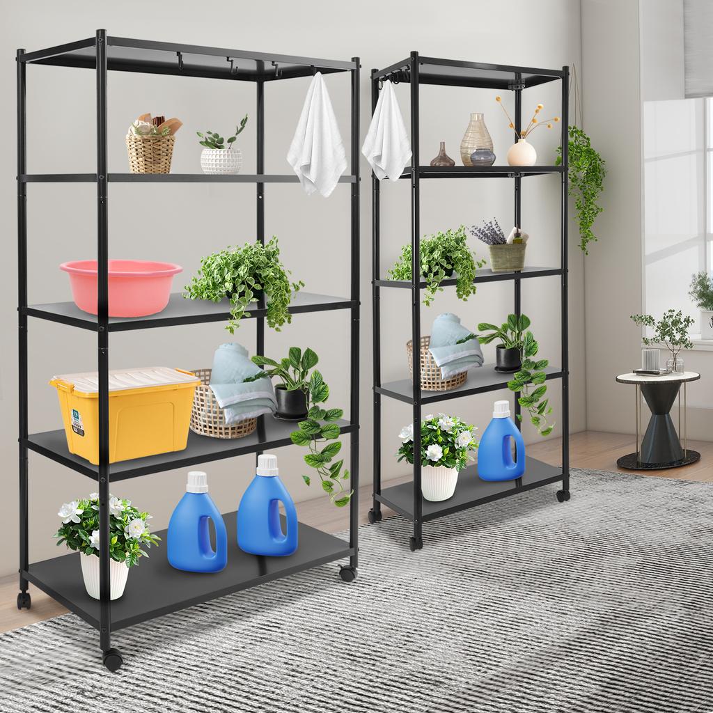 Carbon Steel 5 Tier Black Storage Rack,60x35x160/90x40x160cm Adjustable Freestanding Storage Rack with 4 Wheels for Garages