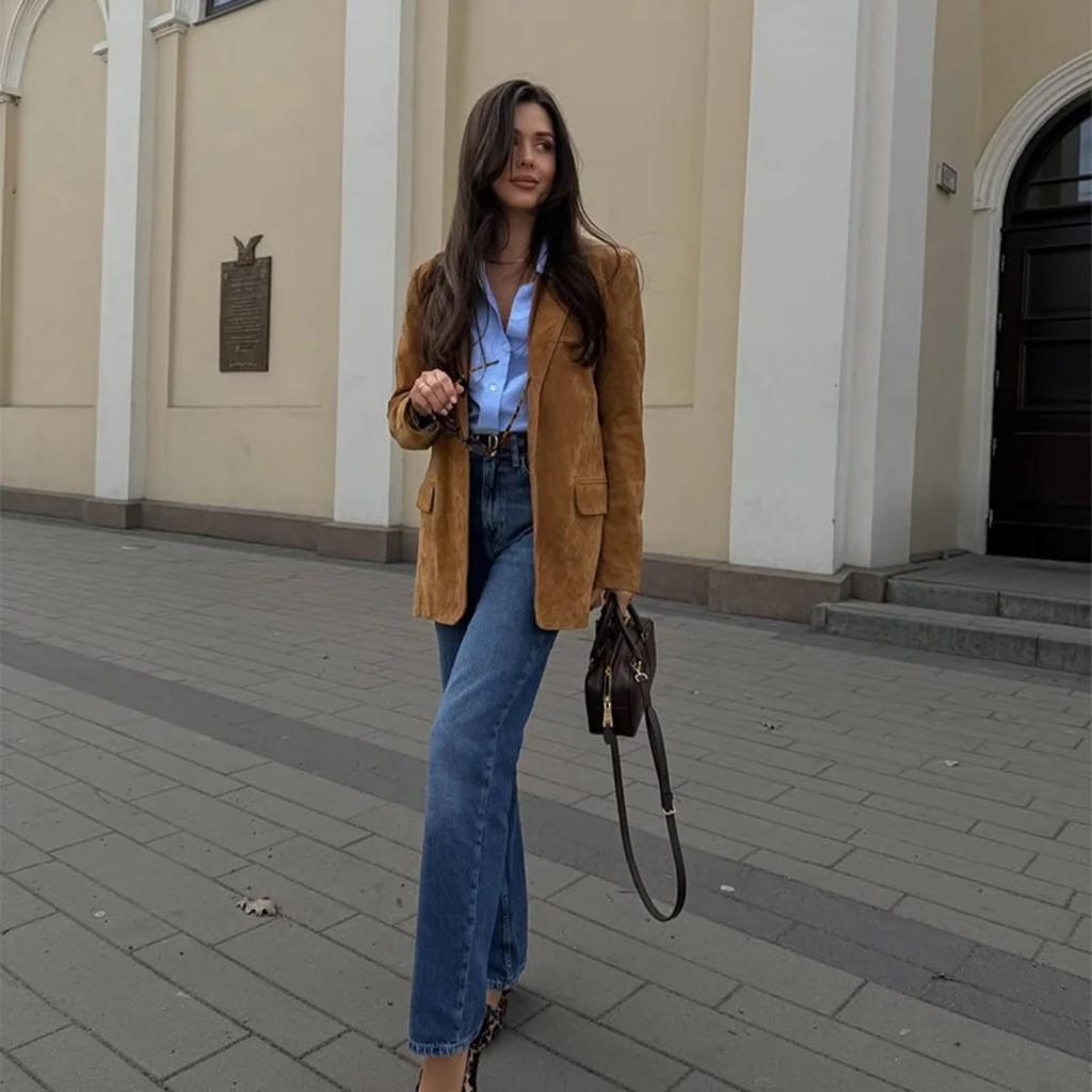 VAYLA Elegant Women's Suede Jackets Loose Lapel Single Breasted Long Sleeve Female Coats Lady Street Commute Outwear New
