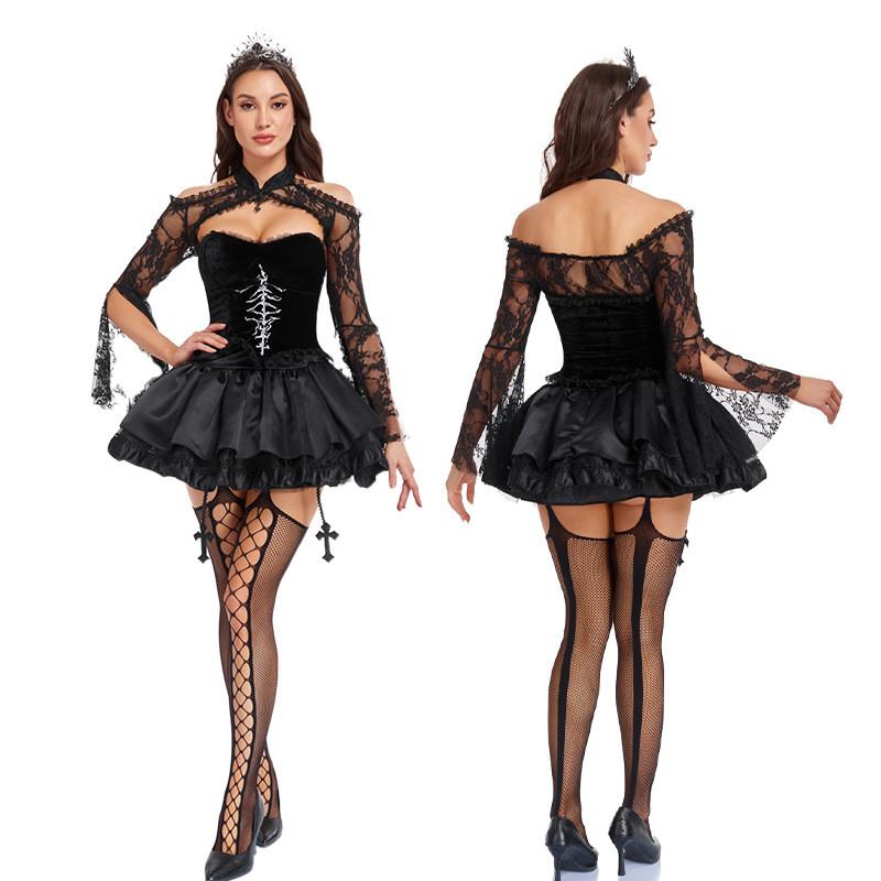 Costume da Strega Gotica in Tessuto di Poliestere per Appassionati di Cosplay di Halloween
