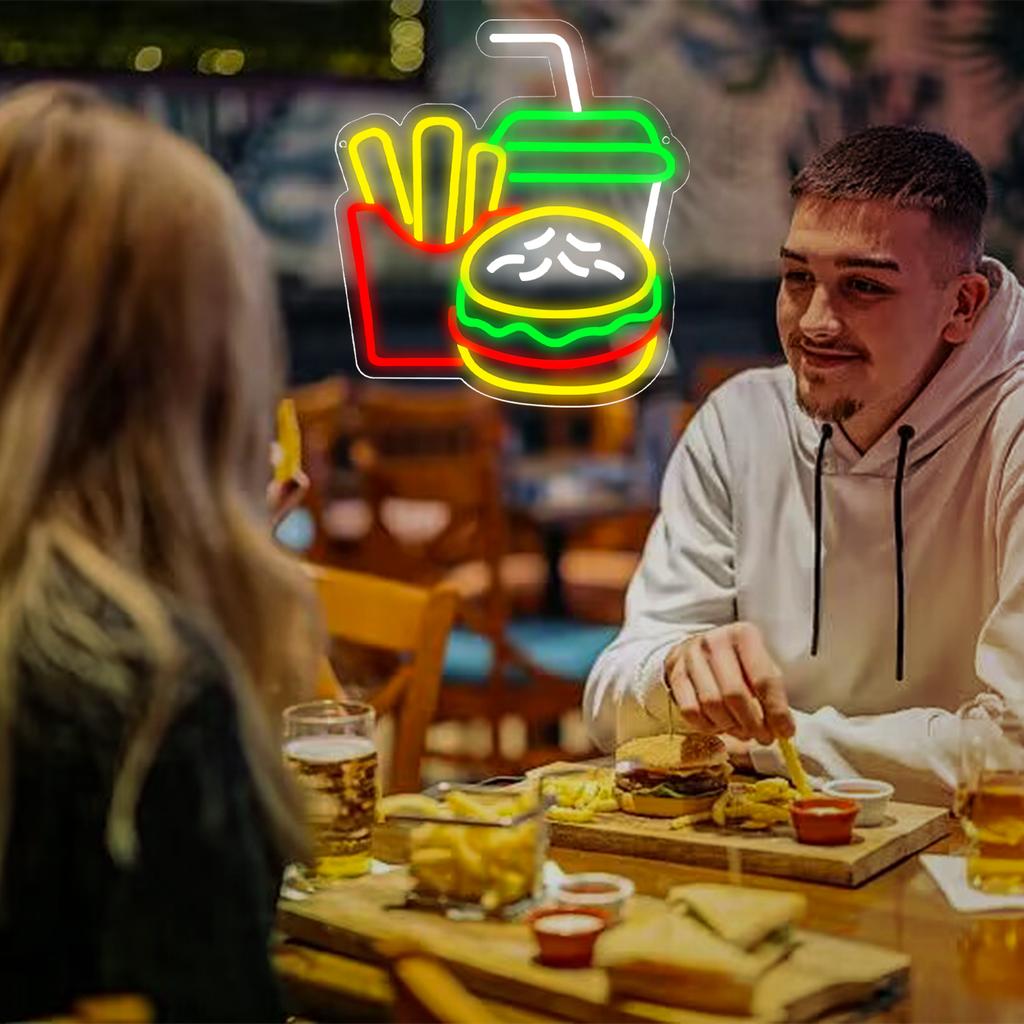 Burger Neon Sign for Burger Shop Decor French Fries LED Neon Light Fast Food Business Signs for Restaurant Store USB Powered