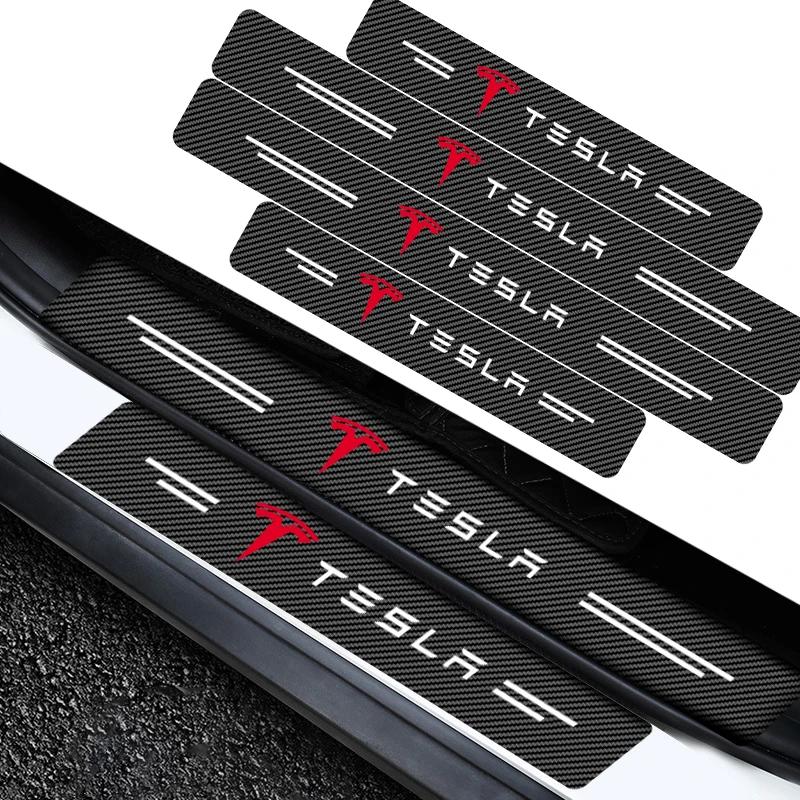 4pcs Carbon Fiber Car Threshold Protection Sticker Car Accessories For Tesla Model 3 Model S Model X Y Roadster Performance