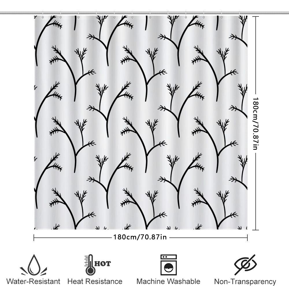 Modern Black Tree Branches Print Shower Curtain For Bathroom Decor White With Green Trim