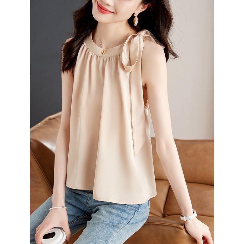 Elegant Chiffon Blouse Summer Pure Color Halter Neck Top Womens Fashion Versatile Outerwear