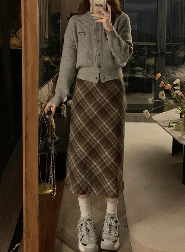 Plus Size Women s Brown Retro Plaid Woolen A-line Skirt for Autumn/Winter 2XL