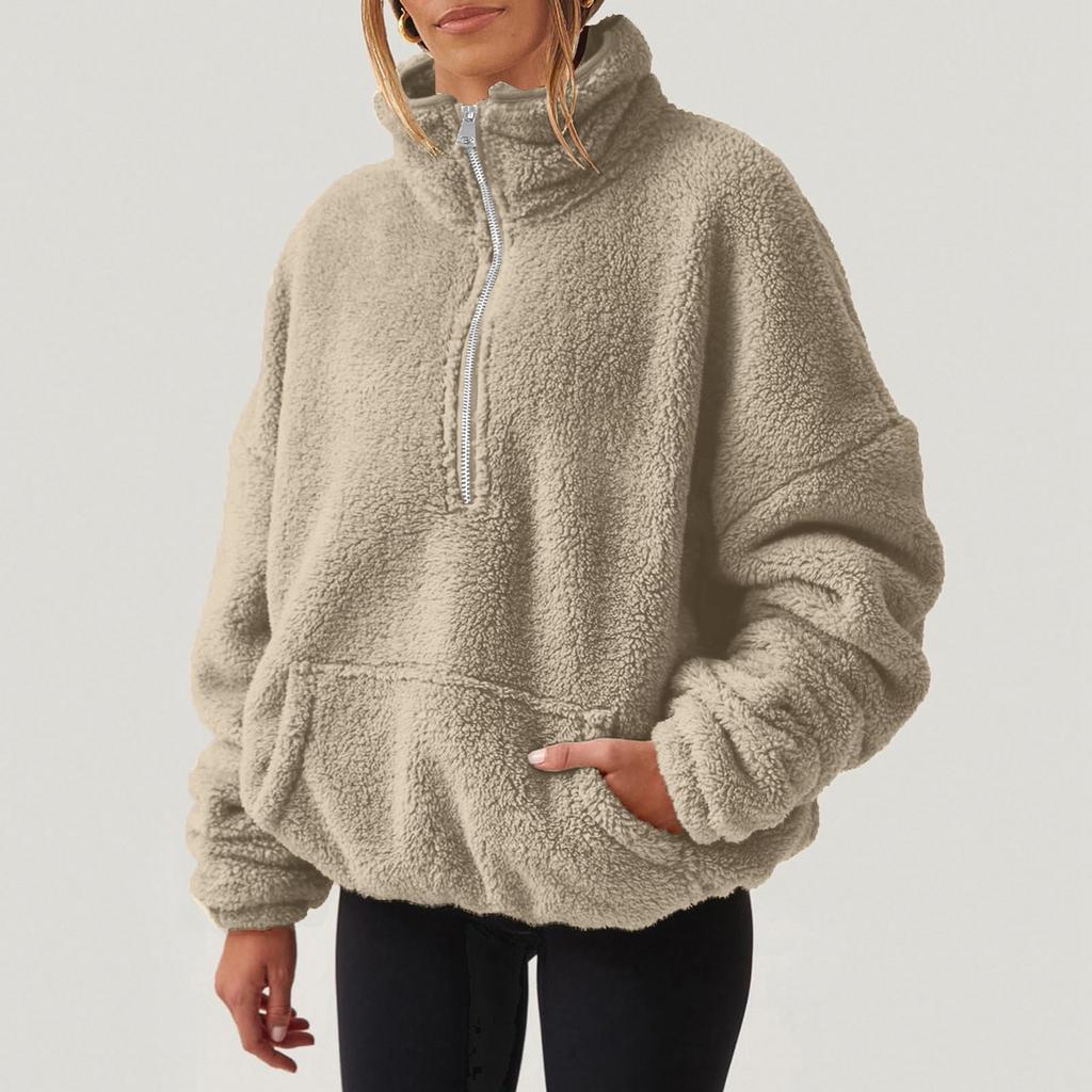 Women's Plush Sweatshirt Womens Fashion Casual Long Sleeve Pocket Drawstring Hooded Zipper Thick Pullover Sweatshirt