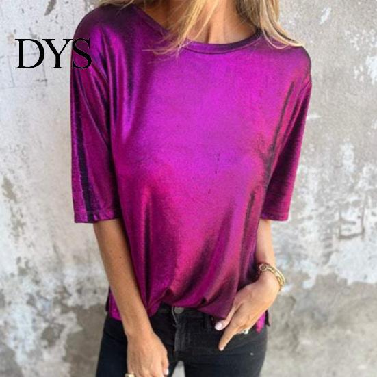 Loose Fit Tee Lady Summer Top Round Neck Short Sleeves Pullover Blouse Glossy Stretchy Women Shirt Surface Pure Color T-shirt for Daily Wear