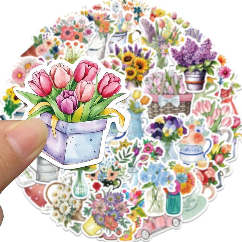 50 Pcs Potted Flower Stickers Cartoon Vinyl Waterproof Plants Sticker for Laptops Water Bottles Flower Pots Vases Guitar Decals