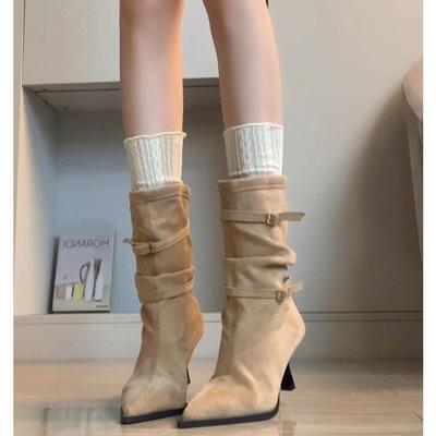 Bottines pointues à talons hauts pour femmes 2025 nouvel automne rétro plissées bottes plissées talons fins bottes fines western