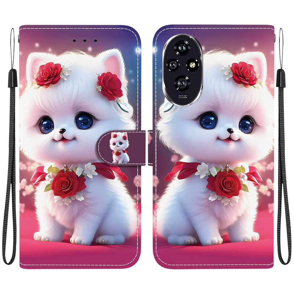 Handmade PU Leather Flip Case for Honor 200/ Honor 200 Pro/ Honor 200 Lite Anti-Slip Shockproof Cover with Wrist Strap & Heart/Rose Cat Designs