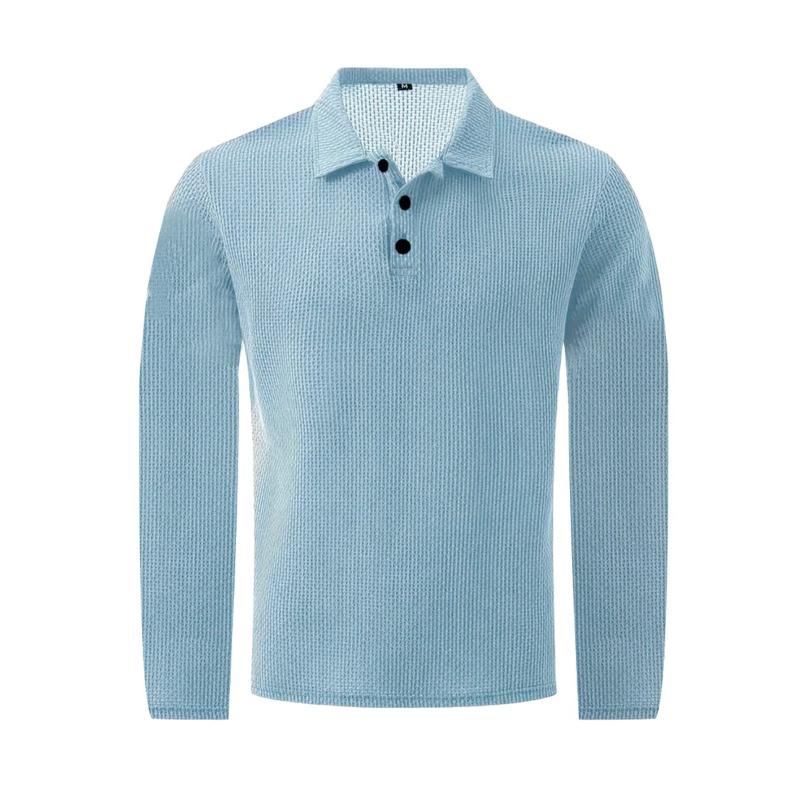 Men's Polo Shirts Fashion Solid Color Mens Long Sleeve Tops Button Mesh T-shirts Yahseng