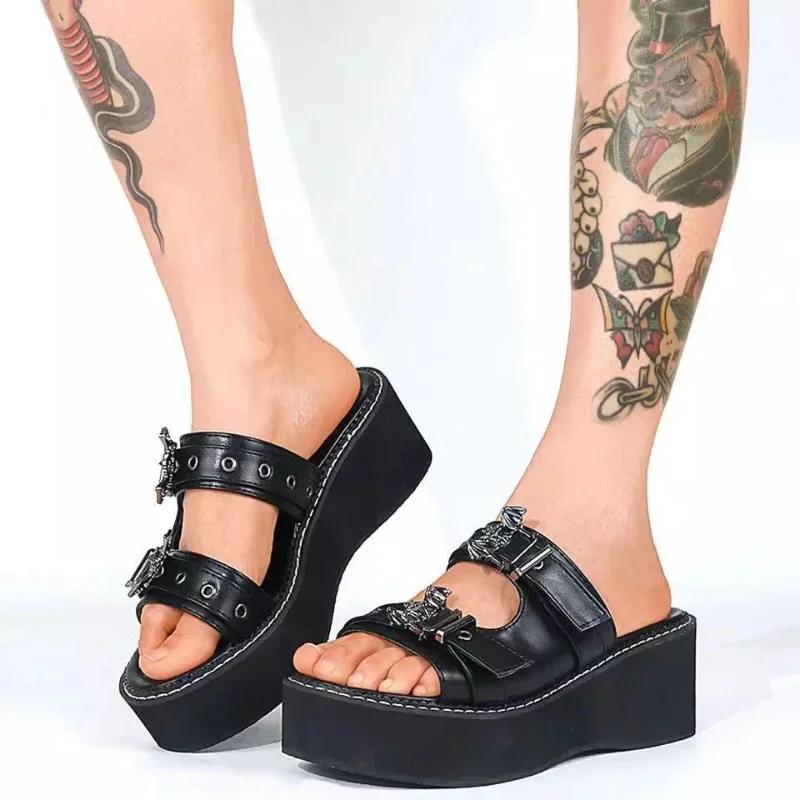 Fashion Gothic punk women's sandals optical wide heel astronomical bat slippers belt decoration 2024 new summer