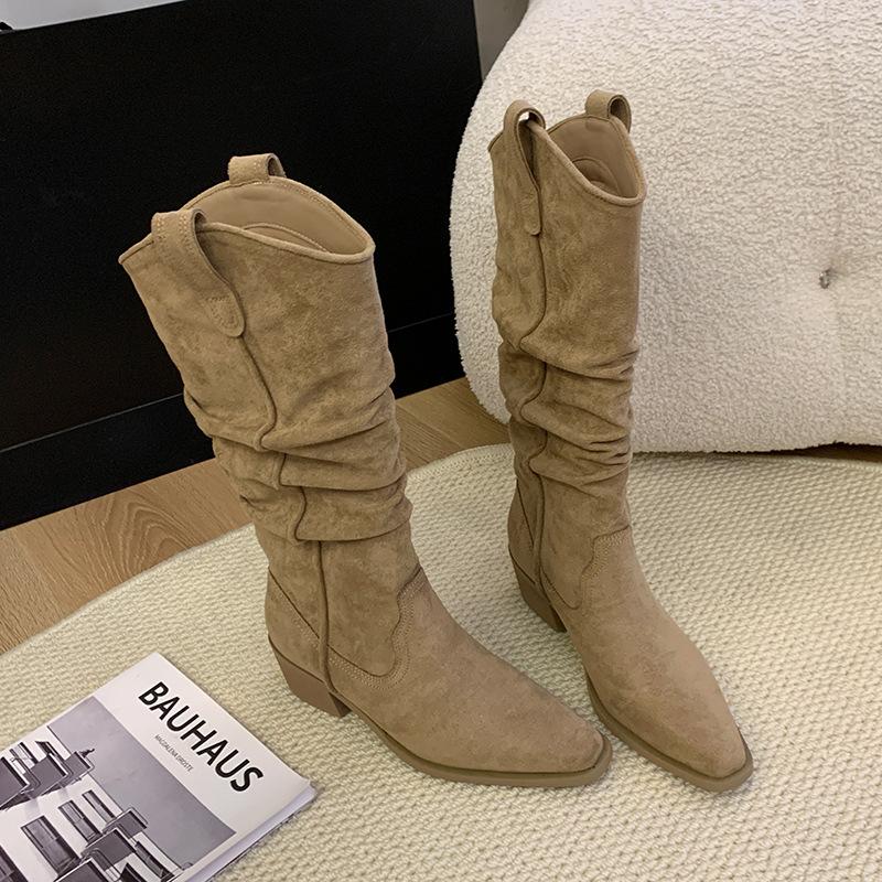 Large Tube Circumference Large Size Women's Shoes Suede Stacking Boots Western Cowboy Boots Thick Leg Boots Thigh Circumference Knight Boots