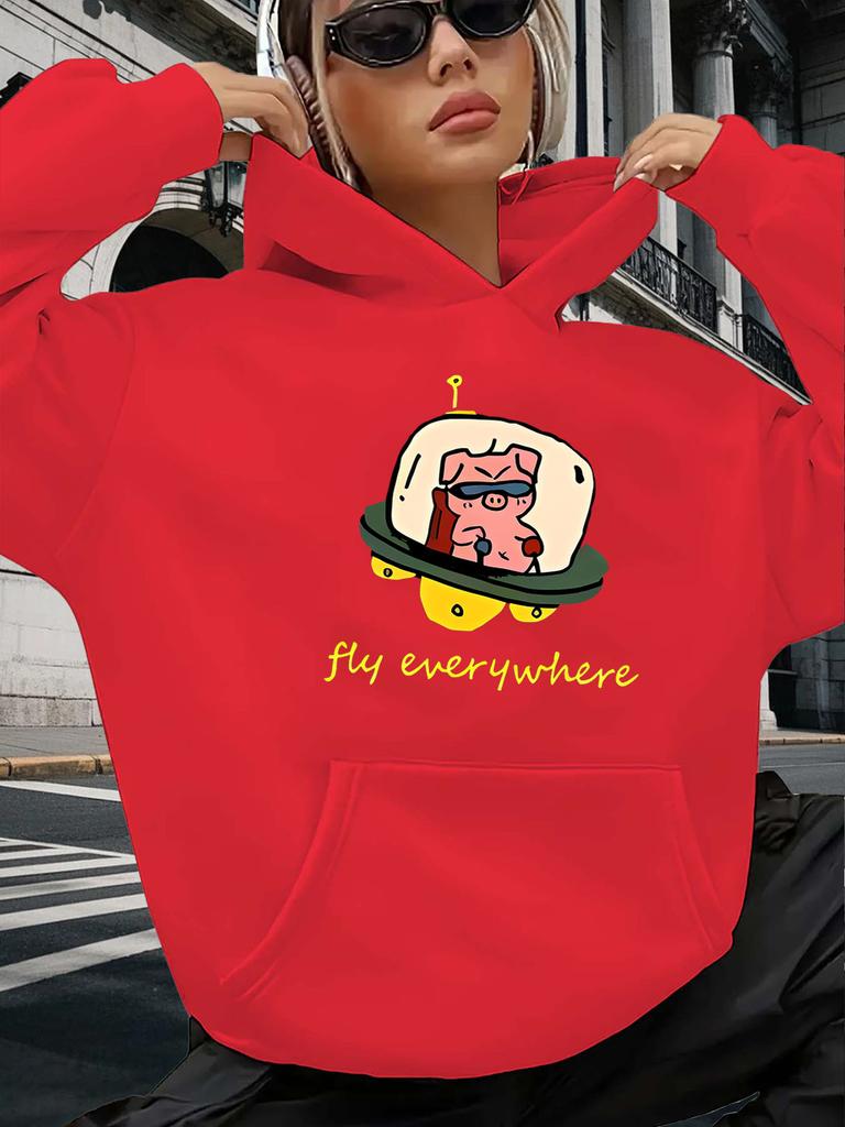 Women's Hoodie Spaceship Pig Cartoon Print 2025 Autumn/winter Hoodie Long Sleeved Women's Top Sweatshirt Casual Clothing