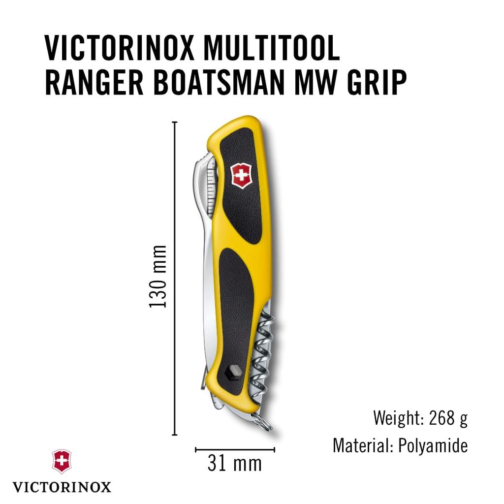 VICTORINOX Ranger Grip Boatman MW Shackle Marlin Spike Compact and Perfect for Emergency Knife Yellow/Black Multi-Function Knife, Outdoor, Bit, Key,