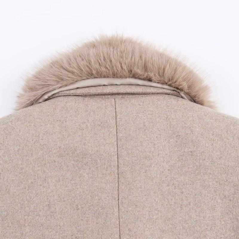 Langer Damenmantel aus Wollmischung mit Kunstpelzkragen und Bindegürtel Winter Streetwear