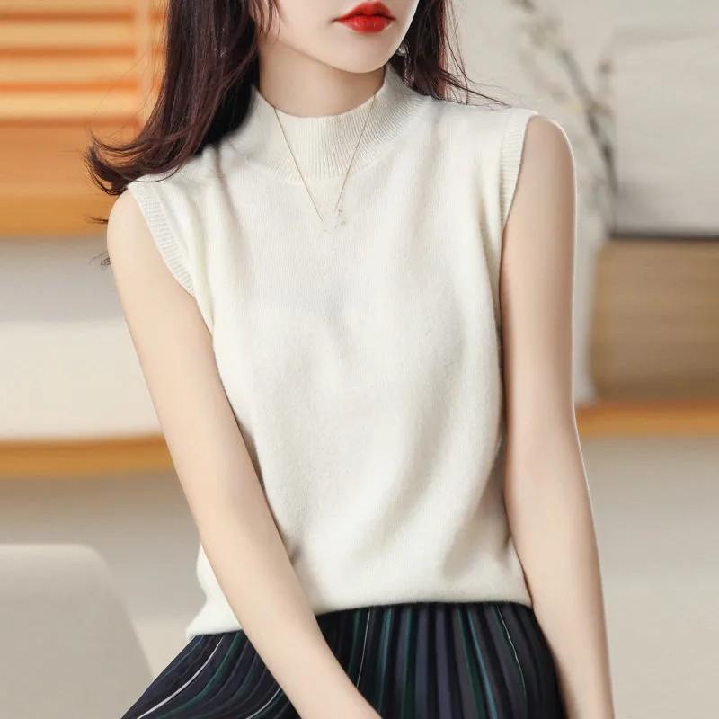 Women's Autumn Half-High Neck Knit Top with Sleeveless Pullover T-Shirt Layering