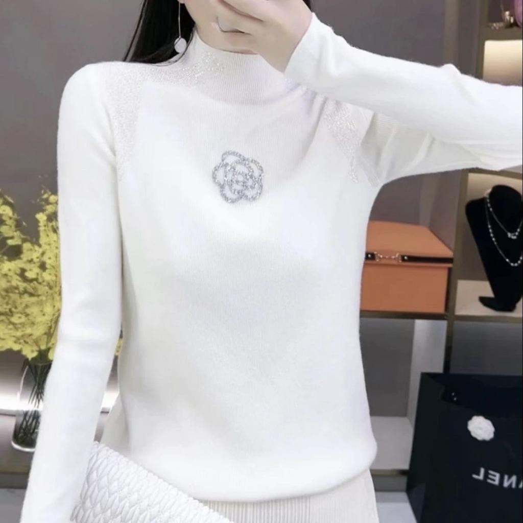 Women's Half Turtleneck Sweater with Rhinestones Solid Color Stretch Knit Pullover sweater Autumn Winter
