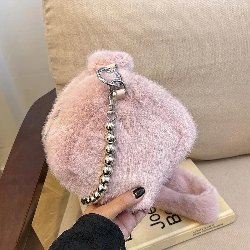 Super Cool Fur Exquisite Square Shoulder Bags with Metal Beads High Quality Winter New Style Crossbody Bags