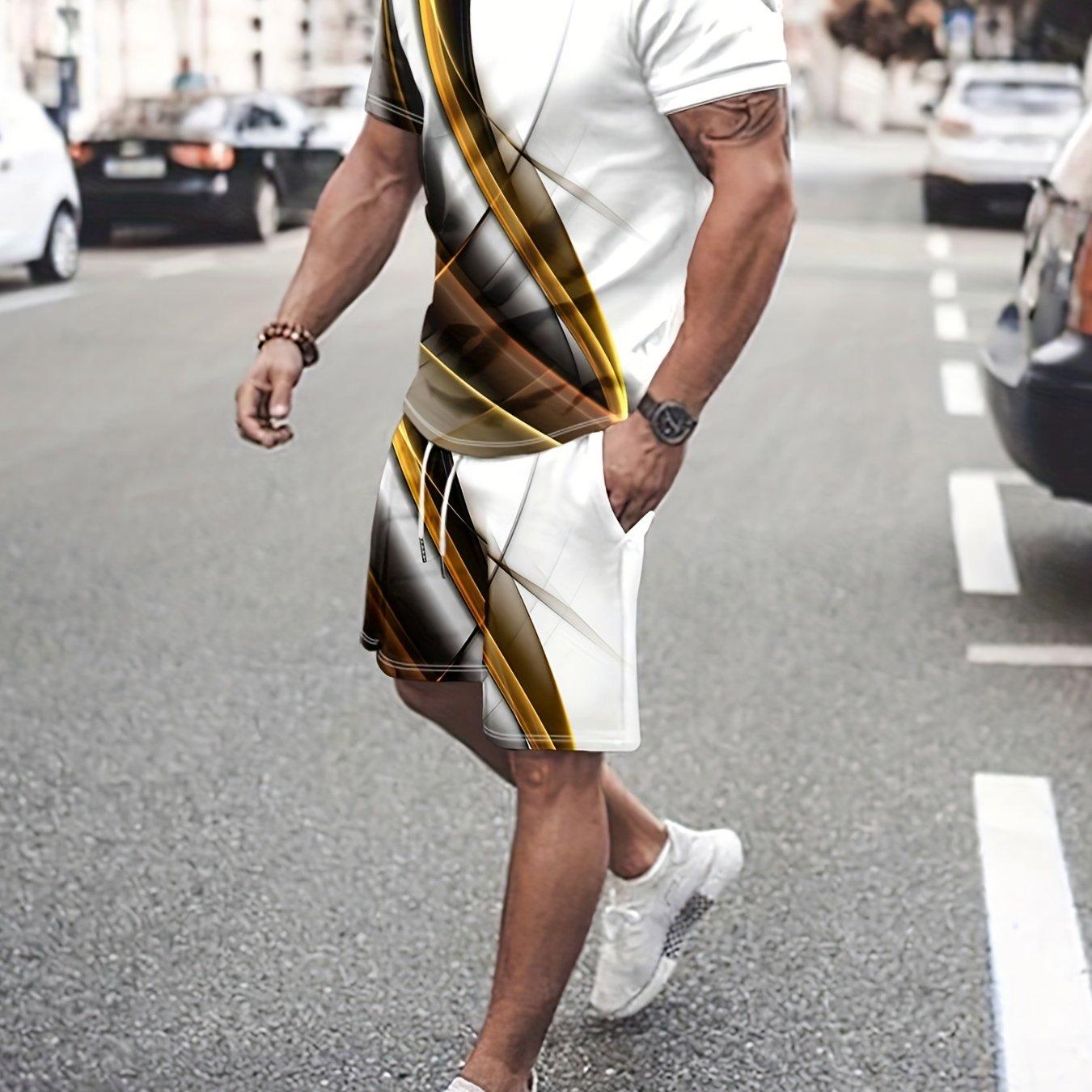 

Мужские костюмы из 2 предметов, повседневная футболка с короткими рукавами и спортивными шортами с узором Аврора, комплект для отдыха, отдыха, пляжного спортивного костюма 3XL