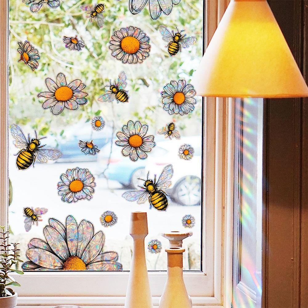 Colorful Sun Catcher Window Stickers Rainbow Prisms Sunlight Cloud Floral Decals PVC Flower Butterfly Bee Glass Static Sticker
