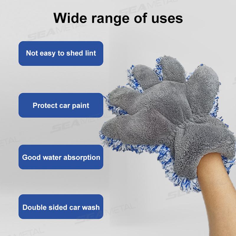 SEAMETAL Microfiber Car Wash Gloves Plush Car Washing Mitt 5-Finger Double-sided High Water Absorption Cleaning Glove