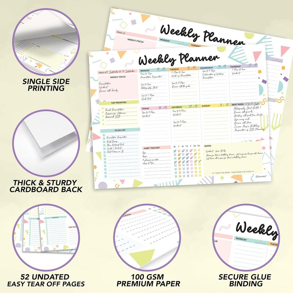 Decorably 52 Sheets Colorful Pastel Undated Weekly to Do List Notepad - 6.5x10" Spring-Bound Planner Pad, Easy Tear-Off, for Priorities, to-Do List,