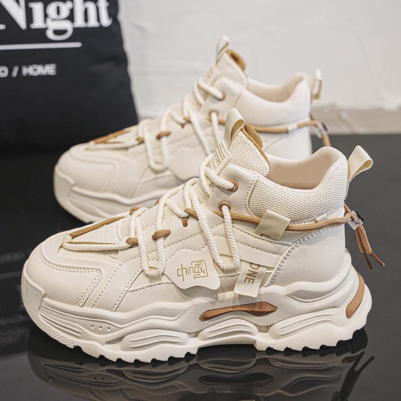 High-top Men's Shoes Winter New Trend Niche Original Sports and Leisure Students Thick-soled Heightening Leather Dad Trendy Shoes